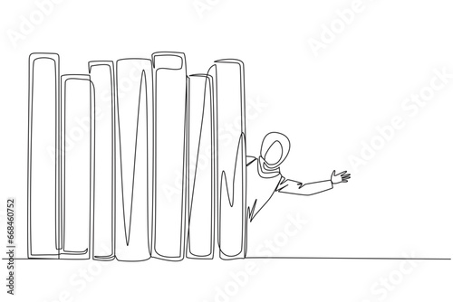 Single one line drawing Arabian woman appears from behind a row of books. Invitation to read books at the library. Like to reading a book. Book festival concept. Continuous line graphic illustration