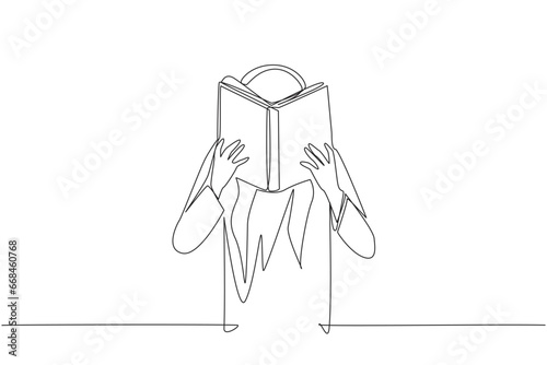 Continuous one line drawing Arabian man seriously reading book until cover the face. Nervous when facing the final exams. Try to focus. Reading increase insight. Single line design vector illustration