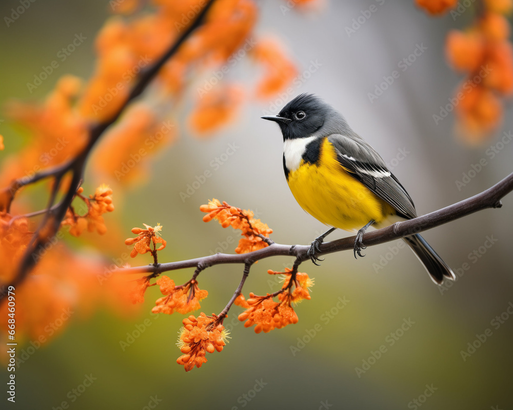 American Redstart bird sitting on a branch of a flowering tree