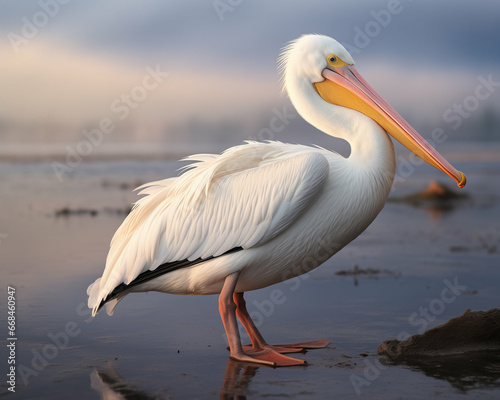 American White Pelican in shore