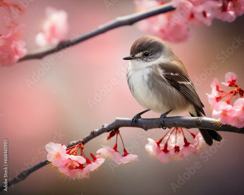 Beautiful Eastern Phoebe. bird in wild nature sitting on a flowering tree photo