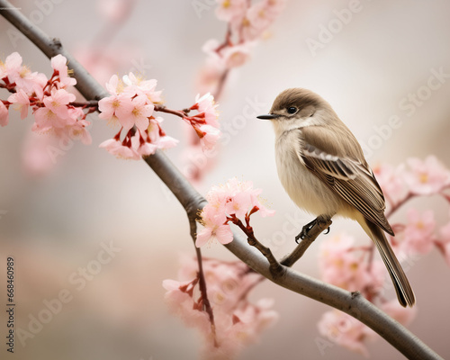 Beautiful Eastern Phoebe. bird in wild nature sitting on a flowering tree © Tilra