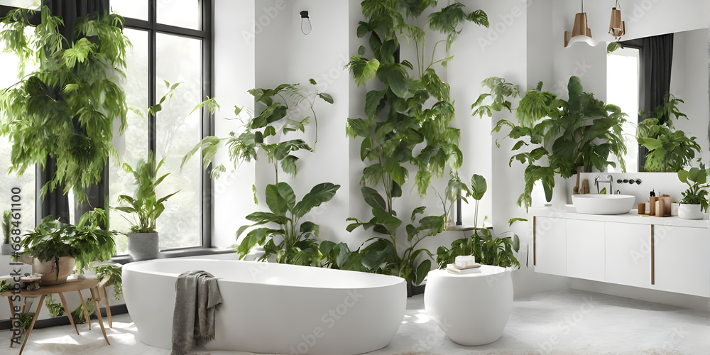 Bright bathroom with subway tile and a variety of green plants of deep forest style. Bright bathroom with subway tile and a variety of green plants of deep forest style.