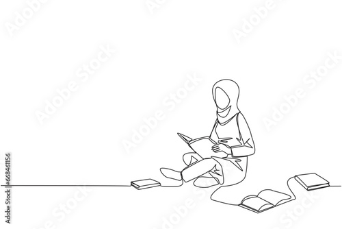 Continuous one line drawing Arabian woman sitting relax in library reading lot of books. Looking for answers to assignments. Hobby reading. Book festival concept. Single line draw vector illustration