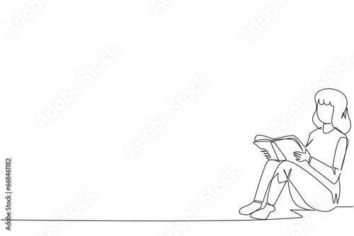 Continuous one line drawing woman sitting while reading book. Read books alone to focus on studying. The fast learner. Book festival concept. Happy reading. Single line draw design vector illustration