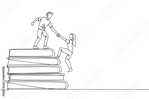 Single continuous line drawing man helps woman climb a pile of books. The concept of helping each other to succeed together. Knowledge source book. Book festival. One line design vector illustration