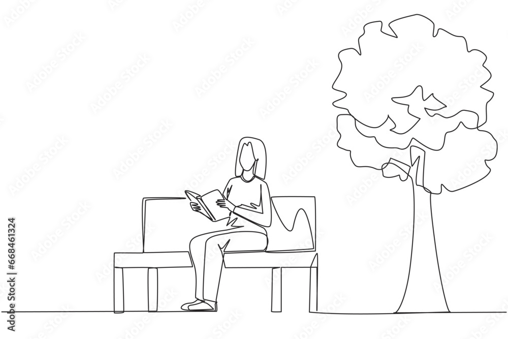 Single one line drawing woman sitting on park bench reading the book. Learn by re-reading the textbook. Read to get maximum marks. Reading increase insight. Continuous line design graphic illustration
