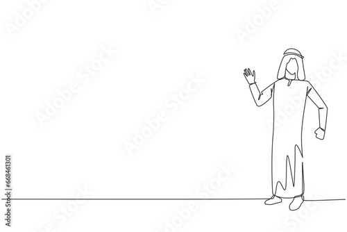 Continuous one line drawing arabian man standing giving a gesture. Invitation to attend the book festival. Exhibition of several types of books. Happy read. Single line draw design vector illustration