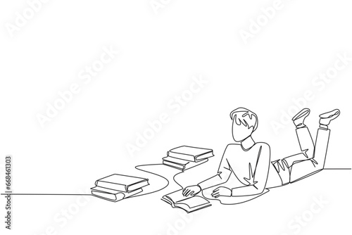 Single one line drawing man who really likes reading. Everyday one book is read. Good habit. There is no day without reading book. Book festival concept. Continuous line design graphic illustration
