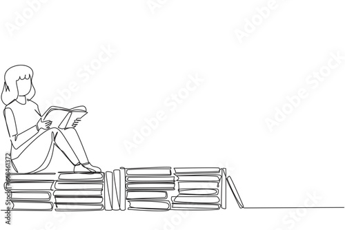 Single continuous line drawing woman sitting relaxed reading a book on pile of books. Relax while reading fiction books. Enjoy the storyline. Book festival concept. One line design vector illustration