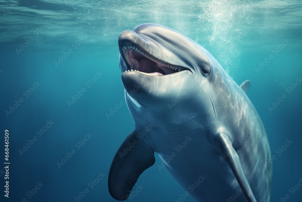 Obraz premium Nature, wildlife, animals concept. Happy dolphin jumping out of ocean or sea. Nautical background with copy space