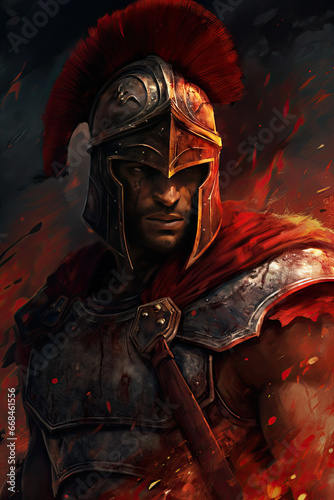 Roman legionary soldier on fire background. Digital painting. photo