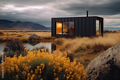 A lone modern and minimal black shed in the lowlands of a mountain range.