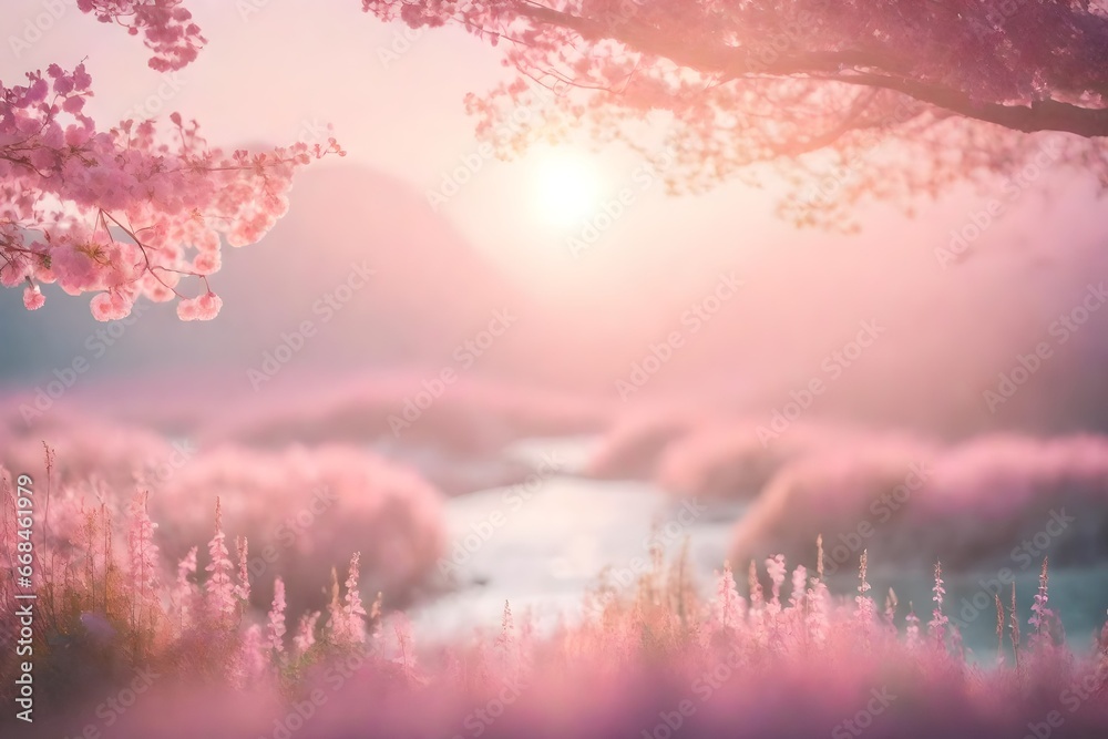 Magic, dreamy, surreal fairytale world in pastel pink colours, digital illustration. 