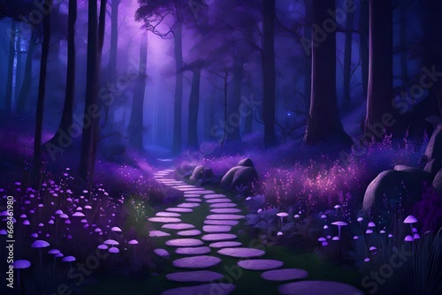 Glade in magic forest at night. Fantastic woods landscape with trees, mushrooms, flowers and grass in mystic purple light, path and stones