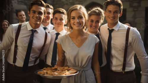 Group of very cheerful friends with the buffet at a wedding in a castle.
