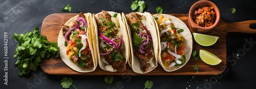 four mexican street tacos with fish barbacoa and carnitas shot in panoramic composition on top of serving wooden board photo