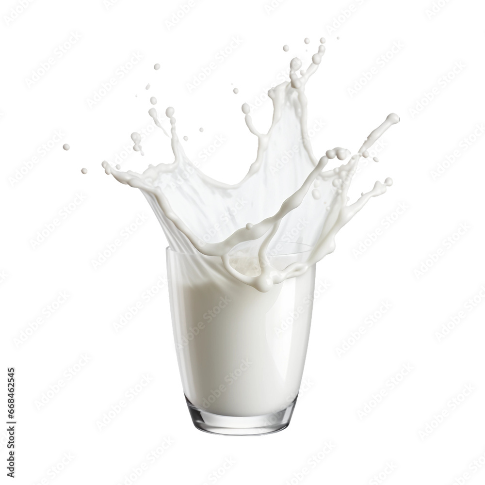 Glass of milk with splash isolated on a transparent background, Splash of milk in the glass, milk splash, pouring milk, Generative AI