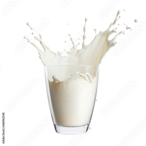 Glass of milk with splash isolated on a transparent background, Splash of milk in the glass, milk splash, pouring milk, Generative AI