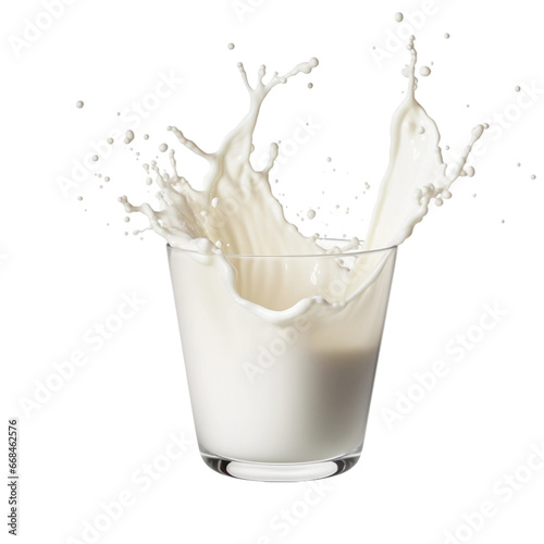 Glass of milk with splash isolated on a transparent background, Splash of milk in the glass, milk splash, pouring milk, Generative AI