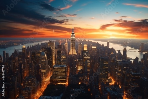 Aerial view of Manhattan Skyline at sunset.