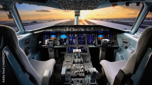 Cockpit of a jet airliner in flight.