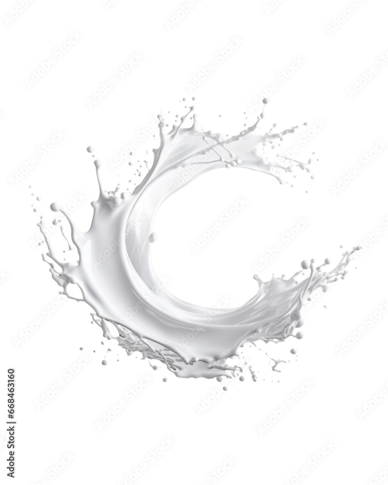 Obraz premium white milk wave splash with splatters and drops isolated on a transparent background, circle milk, yougurt or cream wave flow splash. Generative AI