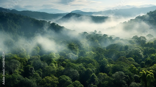 Aerial view of tropical forest covered in fog in the morning © boxstock production