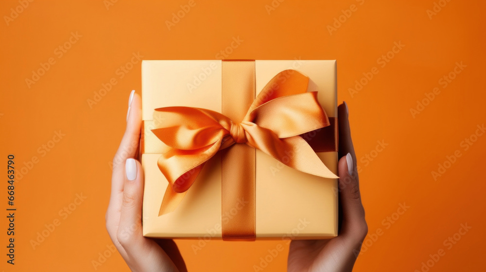 A woman's hands hold an orange gift box with a bow and ribbons on a colorful background - obrazy, fototapety, plakaty 