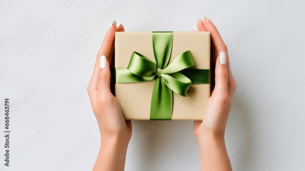 A woman's hands hold a gift box with a bow and ribbons on a colorful background A woman's hands hold a gift box with a bow and ribbons on a colorful background