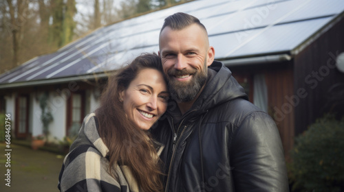 A beautiful couple in love stands next to their house with solar panels on the roof