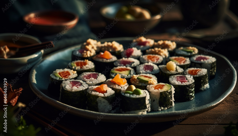 Fresh seafood meal on plate, cultures collide in gourmet lunch generated by AI Fresh seafood meal on plate, cultures collide in gourmet lunch generated by AI