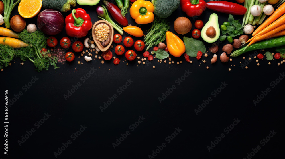 Top view of vegetables on a black background