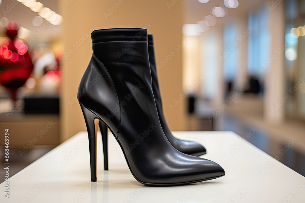 black leather high heel ankle boot displayed in a store - obrazy, fototapety, plakaty 