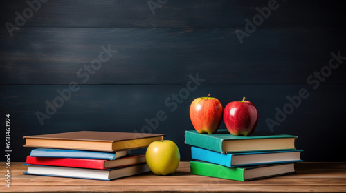 Stack of books with apples on the background of the school blackboard
