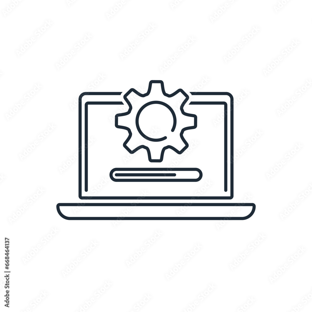 Laptop and gear. Execution, сompletion status. Update system. Vector linear icon isolated on white background. Laptop and gear. Execution, сompletion status. Update system. Vector linear icon isolated on white background.