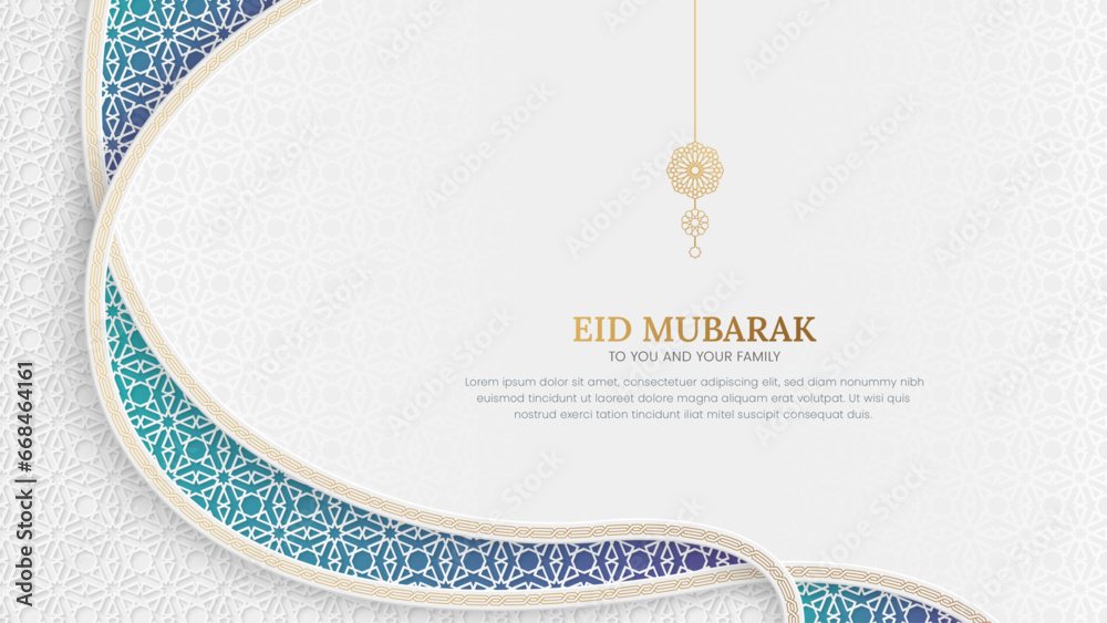 Eid Mubarak Islamic colorful background with interlaced arabesque border and Arabic style pattern - obrazy, fototapety, plakaty 
