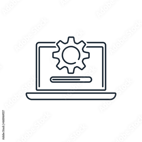 Laptop and gear. Execution, сompletion status. Update system. Vector linear icon isolated on white background.