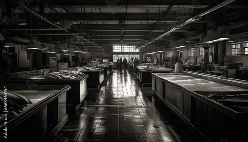 Abandoned factory, a spooky old building with metal equipment generated by AI