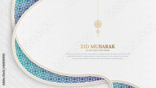 Eid Mubarak Islamic colorful background with interlaced arabesque border and Arabic style pattern photo