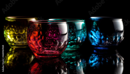 Whiskey glass reflects celebration, fragile elegance in black background generated by AI