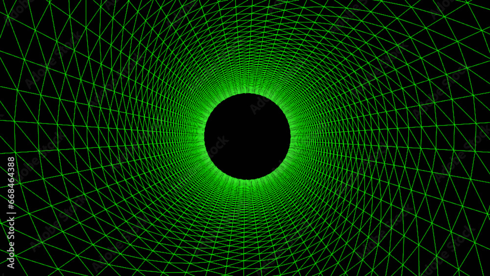 Green wireframe tunnel, Abstract wireframe funnel. Abstract dynamic wormhole tunnel on black background. Deep wavy wormhole. 3d rendering Green wireframe tunnel, Abstract wireframe funnel. Abstract dynamic wormhole tunnel on black background. Deep wavy wormhole. 3d rendering