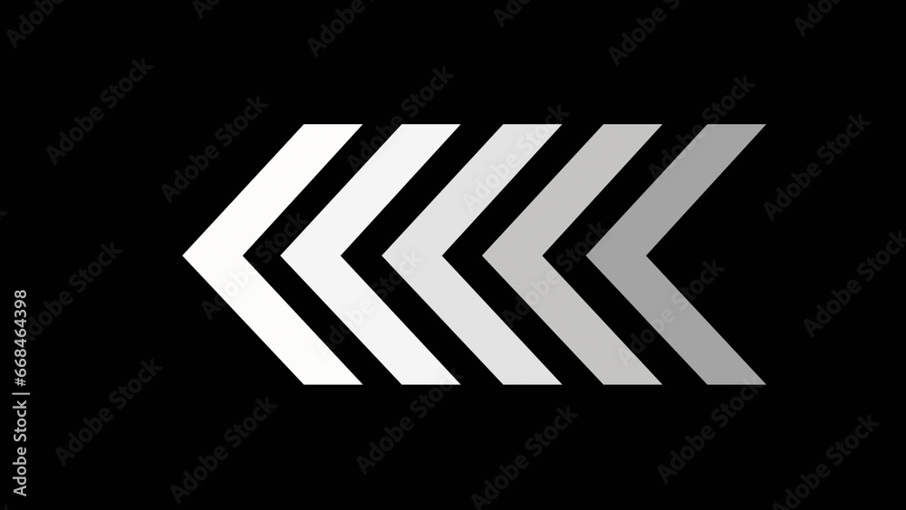 White glowing left arrows. 4K silhouette arrows animation in white color isolated on black chroma key background. Seamless loop. Direction banner