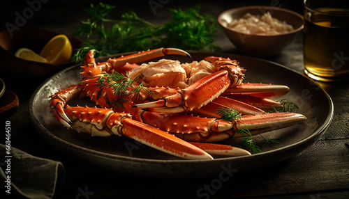 Fresh seafood meal on rustic wood plate with cooked crab claw generated by AI