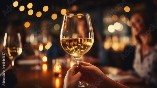 Close up shot of a group of joyful friends enjoying together, Having fun and toasting with wine during dinner party.