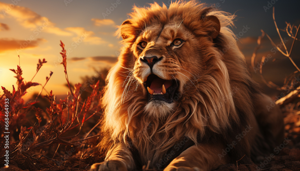 Majestic lion in the wild, its mane glowing in sunset generated by AI