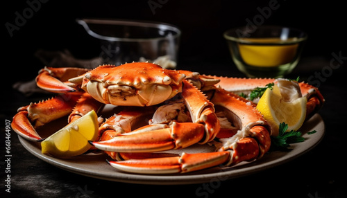 Fresh seafood plate with crab, prawn, lobster, and scampi cooked gourmet generated by AI