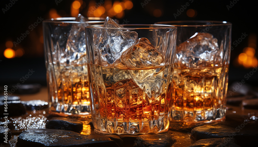 Whiskey on ice, a refreshing drink for a dark night generated by AI Whiskey on ice, a refreshing drink for a dark night generated by AI