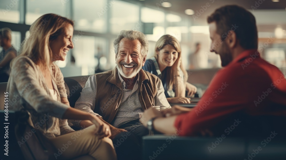 Senior man chatting and laughing in the airport waiting area while waiting for their flight, Generative AI Senior man chatting and laughing in the airport waiting area while waiting for their flight, Generative AI