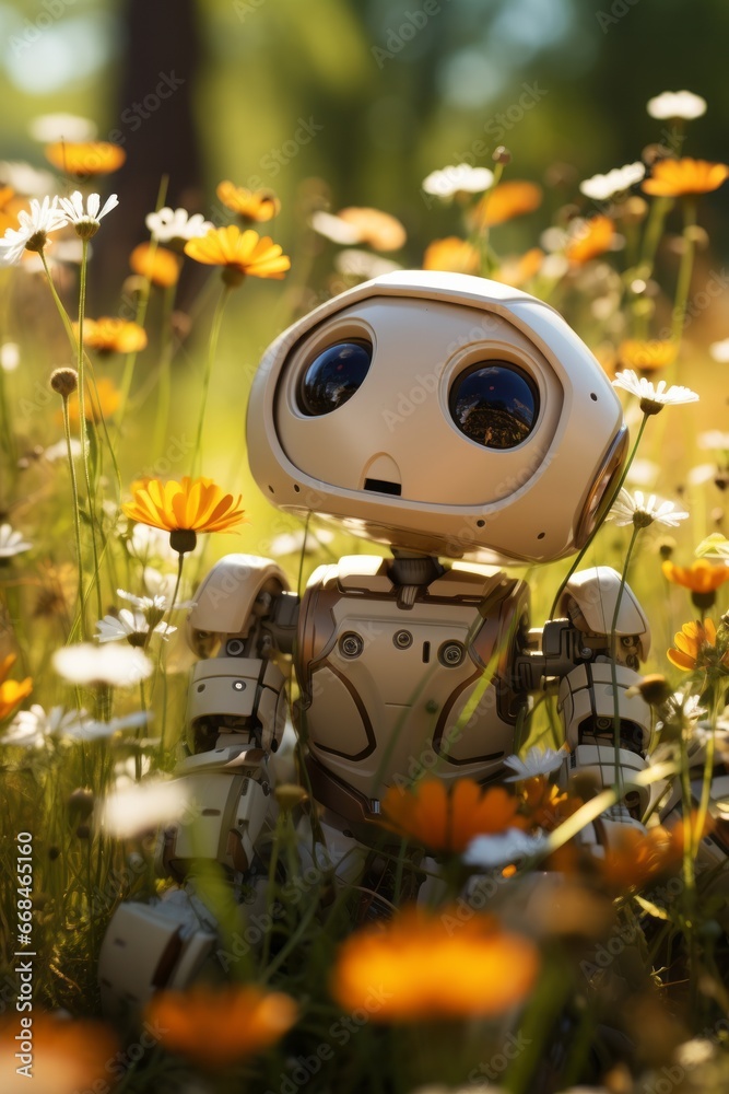 A Happy Humanoid Robot sitting in a Colourful Meadow full of wildflowers - A Robot's Tranquil Encounter With Nature